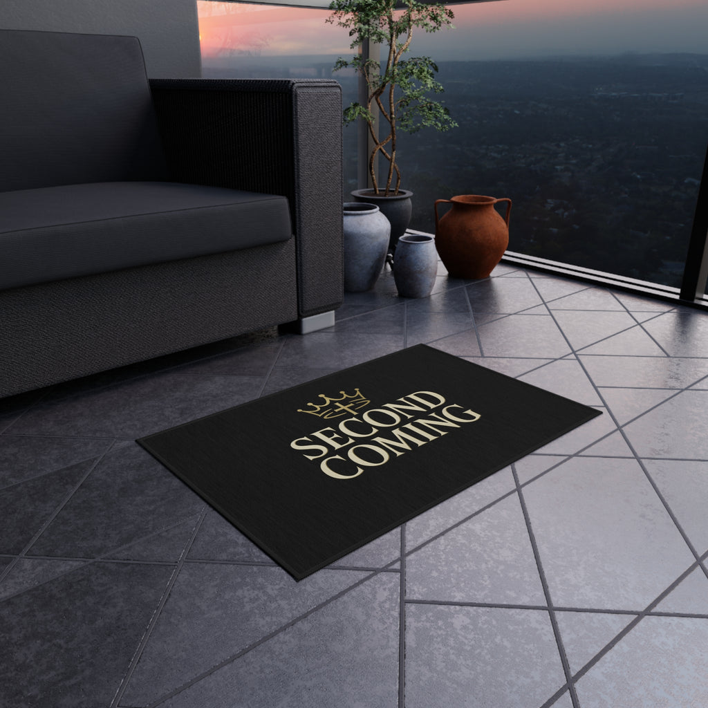 2nd Coming Outdoor Rug — 'Second Coming' Black Doormat with Gold Crown Design
