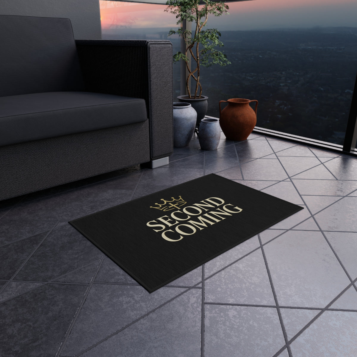 2nd Coming Outdoor Rug — 'Second Coming' Black Doormat with Gold Crown Design