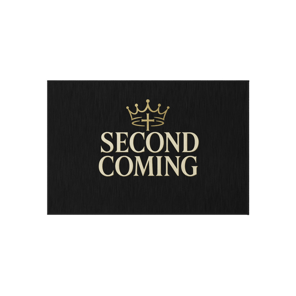 2nd Coming Outdoor Rug — 'Second Coming' Black Doormat with Gold Crown Design