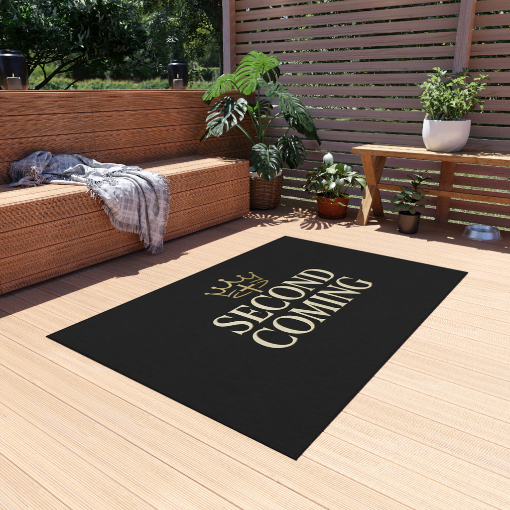 2nd Coming Outdoor Rug — 'Second Coming' Black Doormat with Gold Crown Design